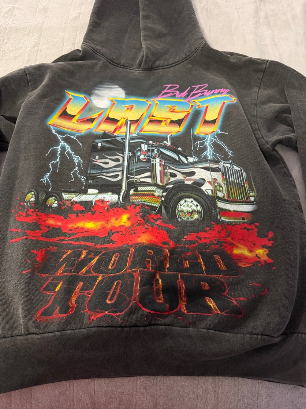 Bad Bunny Graphic Hoodie - Grey with Multicolor Truck Print